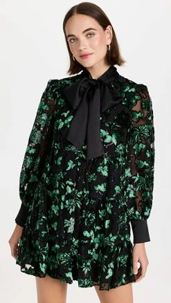 Buy ✔️ Alice + Olivia Rowen Bow Neck Blouson Sleeve Tiered 👗 Dress Black/Emerald 💯