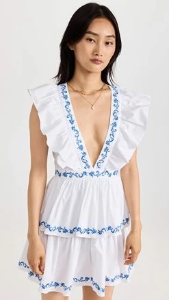 Coupon 👍 CAROLINE CONSTAS Miranda 👗 Dress White Blue Embroidery 🌟