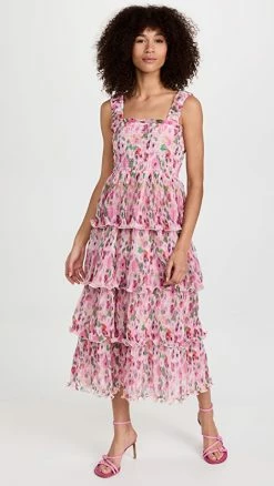 Wholesale 🌟 GANNI Pleated Georgette Flounce Smock Midi 👗 Dress Sugar Plum ✨