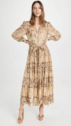 Discount 👍 Hemant And Nandita Long Flocked 👗 Dress Beige 🔔