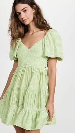 Promo 😀 Jonathan Simkhai Cadence Plisse Puff Sleeve Mini 👗 Dress Pear 🤩