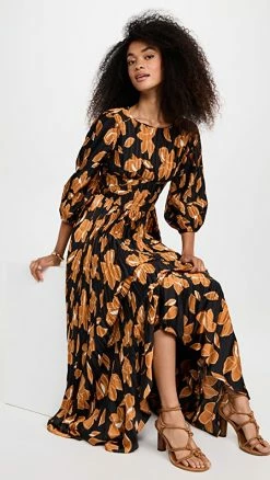 Budget ❤️ Jonathan Simkhai Ames Collage Floral Print Three Quarter Sleeve Midi 👗 Dress Black Print 👏