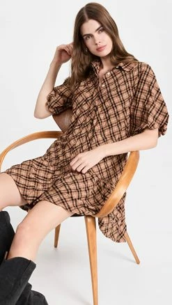 Flash Sale 🛒 Jonathan Simkhai STANDARD Crissy Plaid Raglan Puff Sleeve Mini 👗 Dress Pecan Plaid 😉