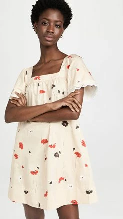 Budget 💯 Jason Wu Printed Square Neck Ruffled 👗 Dress Light Almond Multi 🤩