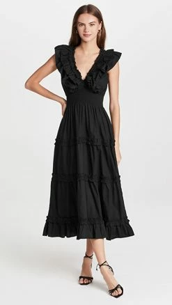 Discount 🥰 Love The Label Black Poplin V Neck Ruffle Midi 👗 Dress 🤩
