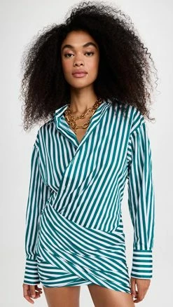 Best Sale 👏 Monse Striped Wraparound Mini 👚 Shirt 👗 Dress SEA GREEN / WHITE 😉