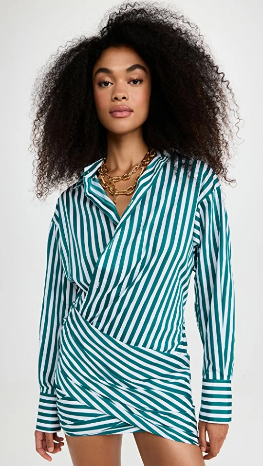 Best Sale 👏 Monse Striped Wraparound Mini 👚 Shirt 👗 Dress SEA GREEN / WHITE 😉