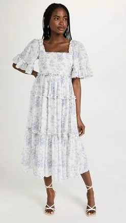 Discount 😍 Needle & Thread Rambling Roses Cotton Smocked Midi 👗 Dress Moonshine 🎁