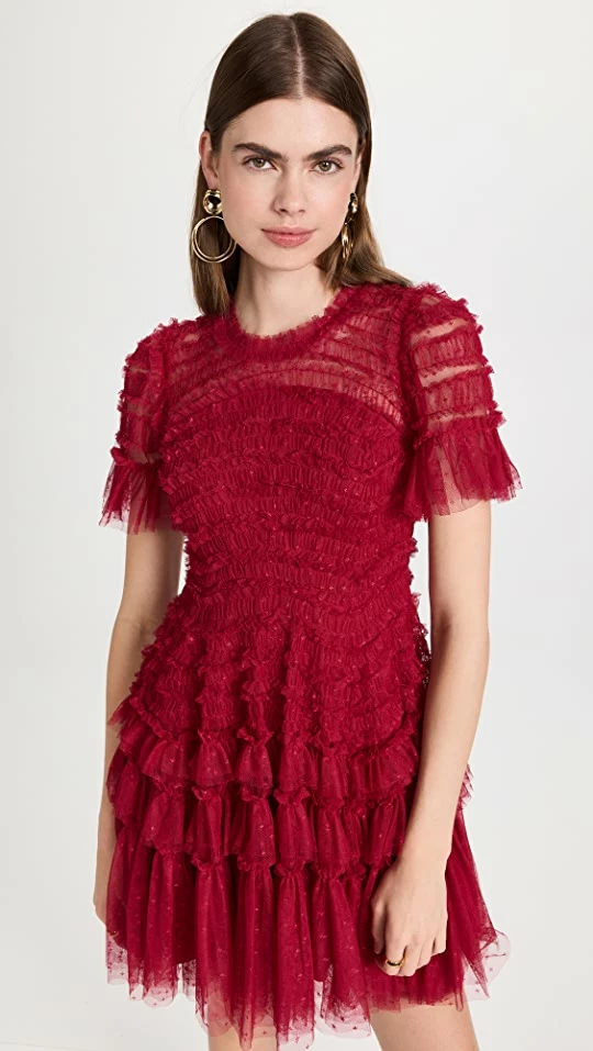 Budget ๐ Needle & Thread Valentine Ruffle Micro Mini ๐ Dress Deep Red โญ