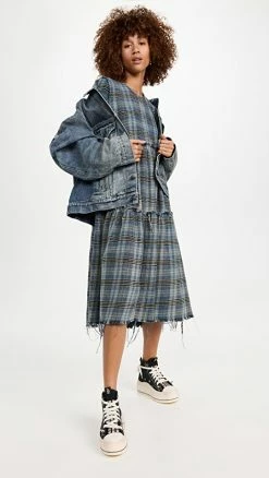 Discount 🧨 R13 Shredded Relaxed Midi 👗 Dress Blue Plaid 👍