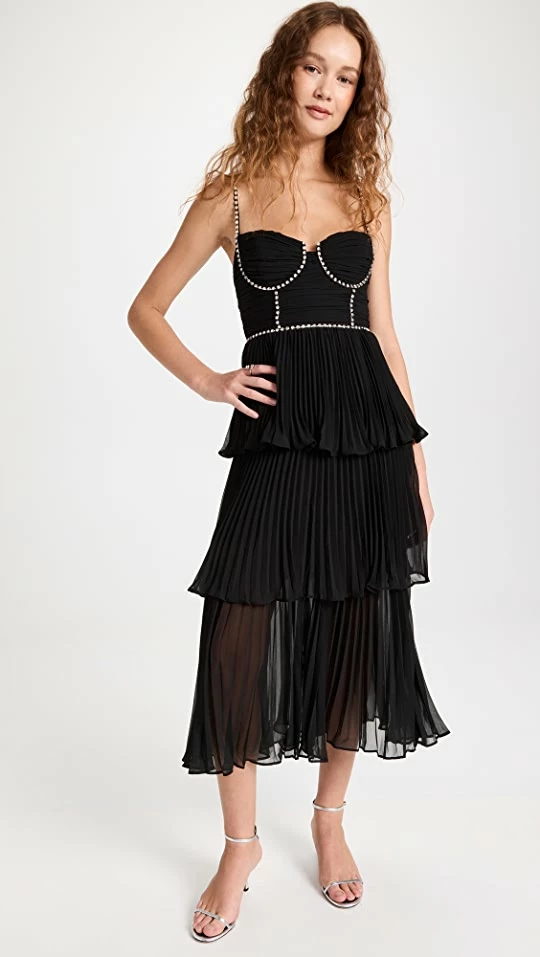 Deals โญ Self Portrait Black Chiffon Tiered Midi ๐ Dress ๐