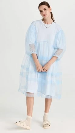 Wholesale 👏 Simone Rocha Tiered Net Overlay Signature Sleeve 👗 Dress Baby Blue ❤️
