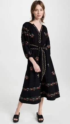 Best deal 🔔 THE GREAT. The Prairieland 👗 Dress BLACK W/MOONFLOWER EMBROIDERY 😍