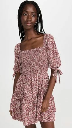 New ✔️ WAYF Smocked Tiered Mini 👗 Dress Mauve Folk Floral ⭐