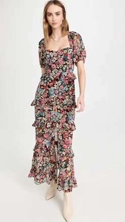 Budget 🧨 WAYF Cici Bustier Tier Maxi 👗 Dress Black Allover Floral 🥰