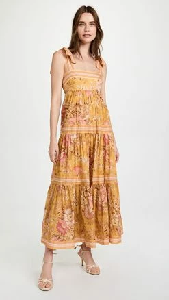 Cheapest 🎉 Zimmermann Pattie Tie Shoulder 👗 Dress Mustard Floral 💯