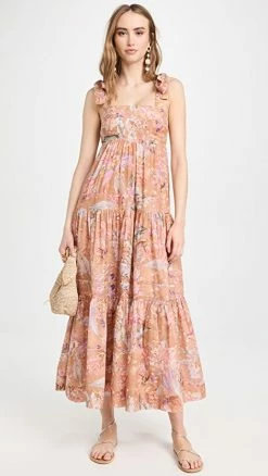Best deal 🧨 Zimmermann Cira Tie Shoulder Midi 👗 Dress Mocha Multi Floral ⌛