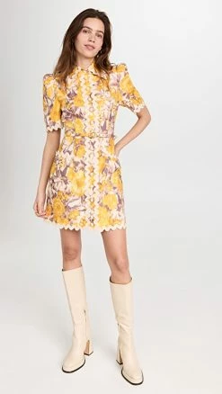 Outlet 😍 Zimmermann High Tide Ric Rac Mini 👗 Dress Yellow Ikat Floral ✨